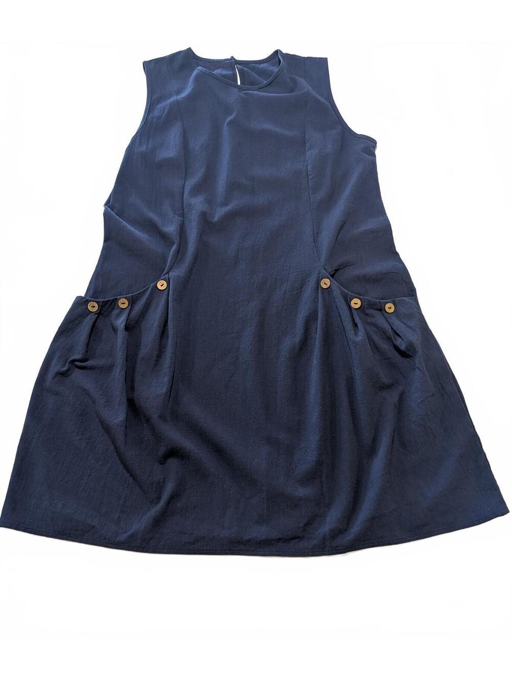 100% Cotton Navy Blue Casual Mini Dress Side Button Utility Pockets - Size M